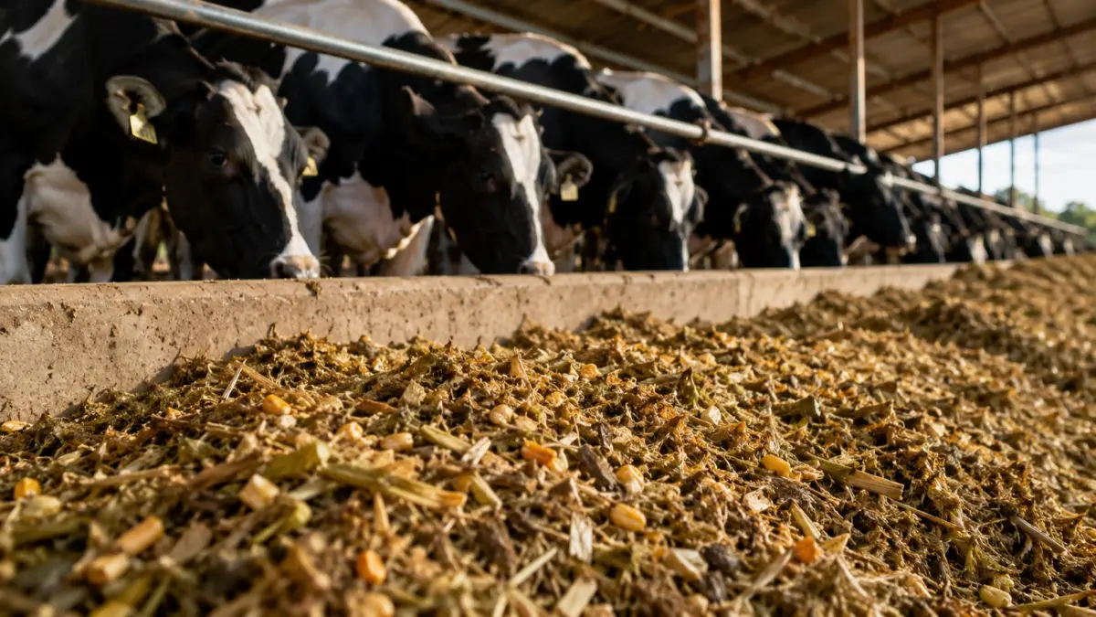 Vacas holandesas se alimentando no cocho, com silagem em primeiro plano